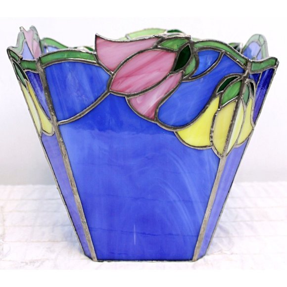 VTG Tiffany Style Stained Glass Tulips Flower Vase Waste Basket Multi Use Decor - Picture 3 of 11